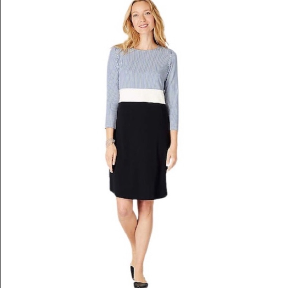 NWOT J. Jill Color Block 3/4 Sleeve Striped Dress Medium Blue Navy White